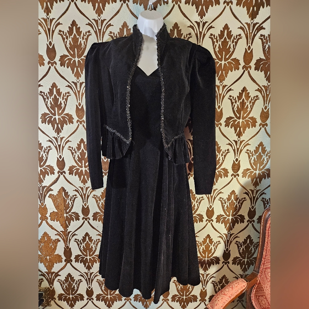 Vtg.70s-80's CANDI JONES 2-Pc. PRAIRIE Black Velvet Dress W/jacket Women's 3
